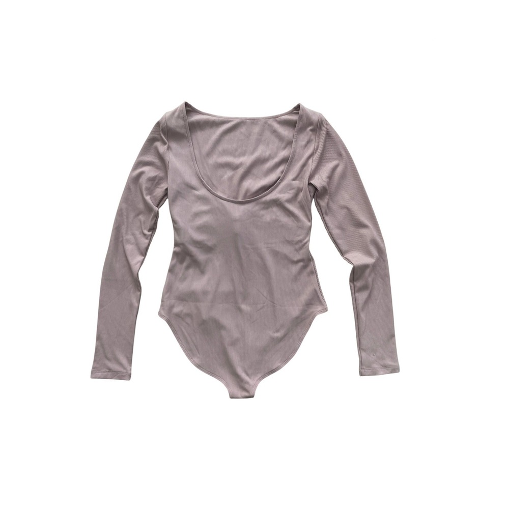 Girlfriend Collective Ribbed Long Sleeve Scoop Neck Bodysuit Mauve Taupe Medium